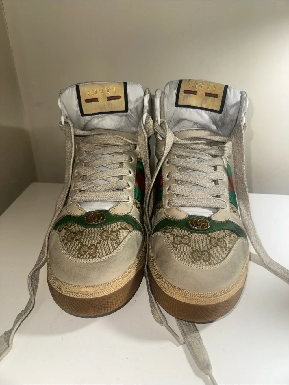 Gucci Beige High-Top Sneakers with Green & Red Web Stripe